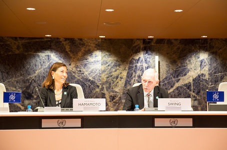 Ambassador William Lacy Swing and Ambassador Pamela Hamamoto at IOM’s 5th Global Chiefs of Mission Meeting