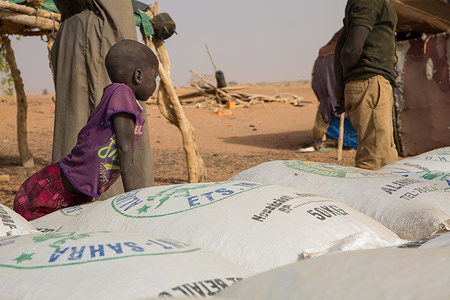 Distribution of bags of Livestock feed in the region of Hodh El Chargui.
To support the population during the difficult ‘hunger gap’, IOM is distributing bags of livestock feed in the villages.