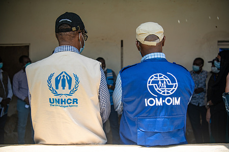UNHCR and IOM listen side by side during a discussion with other UN agencies.