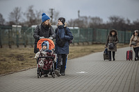 Ukrainian refugees and Third Country Nationals (TCNs) arrive at the Medyka border point in Poland. The border point is one of the main ports of entry for people fleeing into Poland. Upon arrival, refugees and TCNs are offered a wide variety of assistance offered by IOM and other organizations including transportation assistance, DTM, food distributions, clothing, and more.