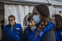 IOM Deputy Director General Ugochi Daniels visits the Michalovce hotspot in Slovakia. The Michalovce hotspot includes an IOM tent where IOM provides essential information, DTM, toys for children, and information advising refugees and TCNs on the potential risks of trafficking that can occur for those planning to take further transportation to other neighboring countries.