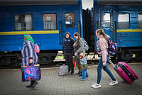Thousands of displaced people continue to arrive at Uzhoorod train station fleeing war in eastern Ukraine and looking for safety.
