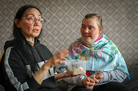 Iryna Karpinskaya, 51, feeds her daughter 31 with special needs. At the start of the war, Iryna,, her father 74, her daughter with special needs, 31, and her son 29 were woken up by the sound of shelling in Kviv and decided to leave their lifetime home.