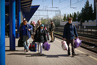 Displaced Ukrainians at the Vinnytsia train station in central Ukraine, as they try to leave the east amid Russian military operation in the country. Russian troops began a military operation in Ukraine on 24 February leading to a massive exodus of Ukrainians to neighboring countries as well as internal displacements.