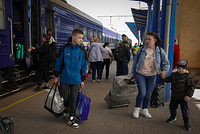 Displaced Ukrainians at the Vinnytsia train station in central Ukraine, as they try to leave the east amid Russian military operation in the country. Russian troops began a military operation in Ukraine on 24 February leading to a massive exodus of Ukrainians to neighboring countries as well as internal displacements.